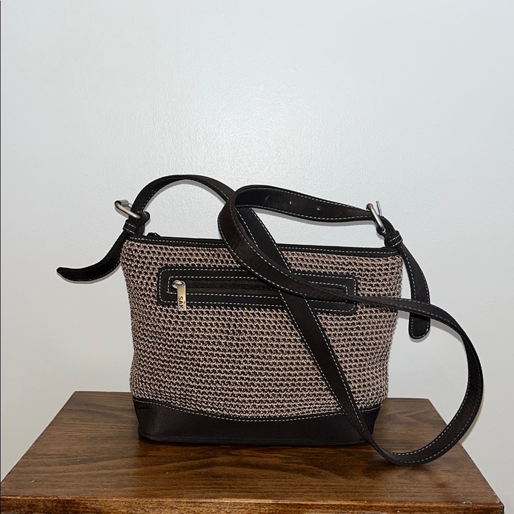 Saks Fifth Avenue Black and Brown Crossbody Bag with Woven Texture